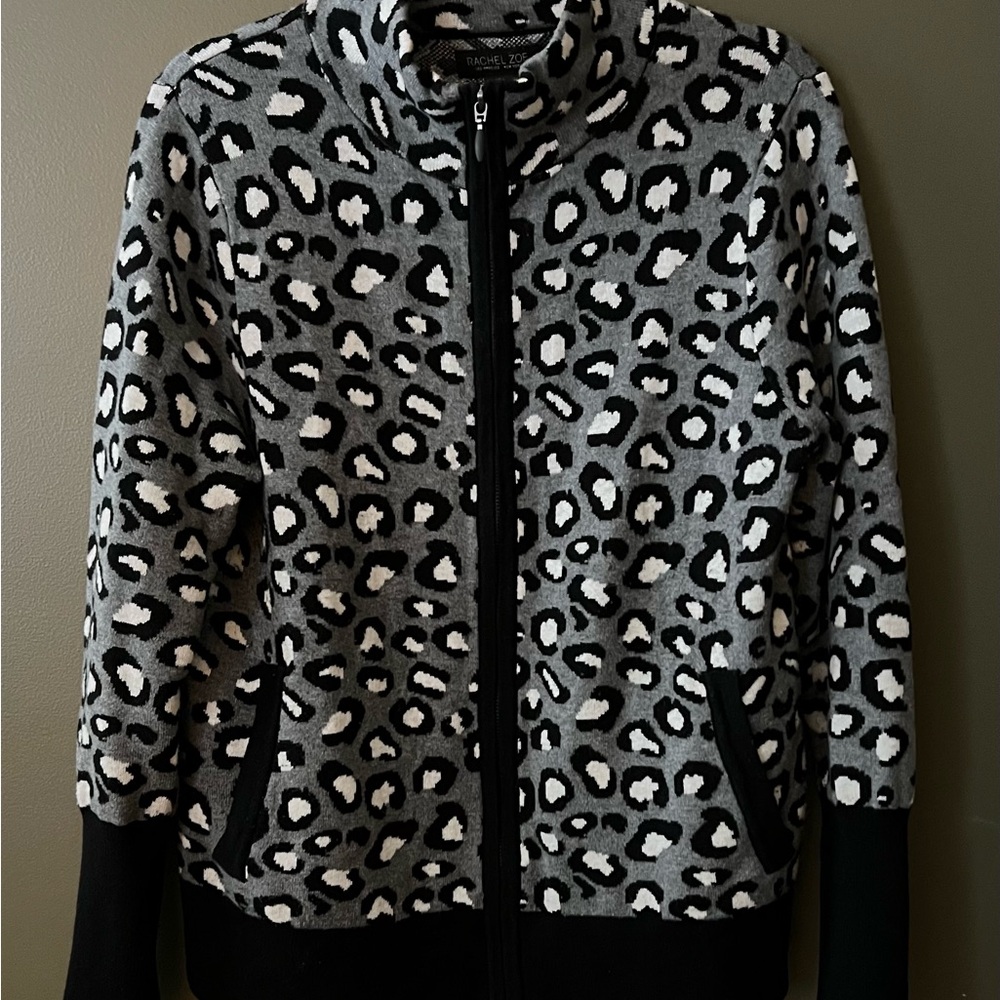 Rachel Zoe Leopard Print Zip Up Sweater L